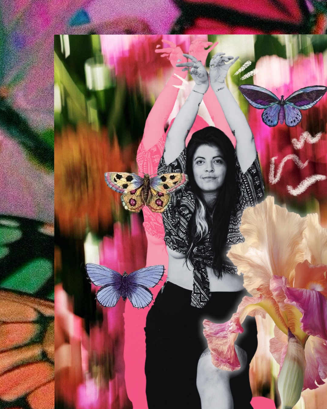 Daniela Cósmica entre flores en movimiento y mariposas